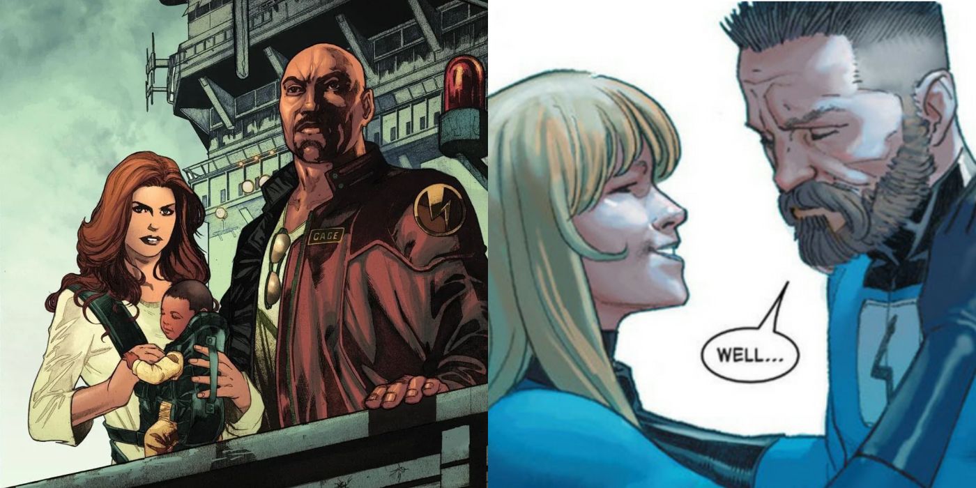 Split image of Luke Cage and Jessica Jones with their baby, and Reed and Sue Richards