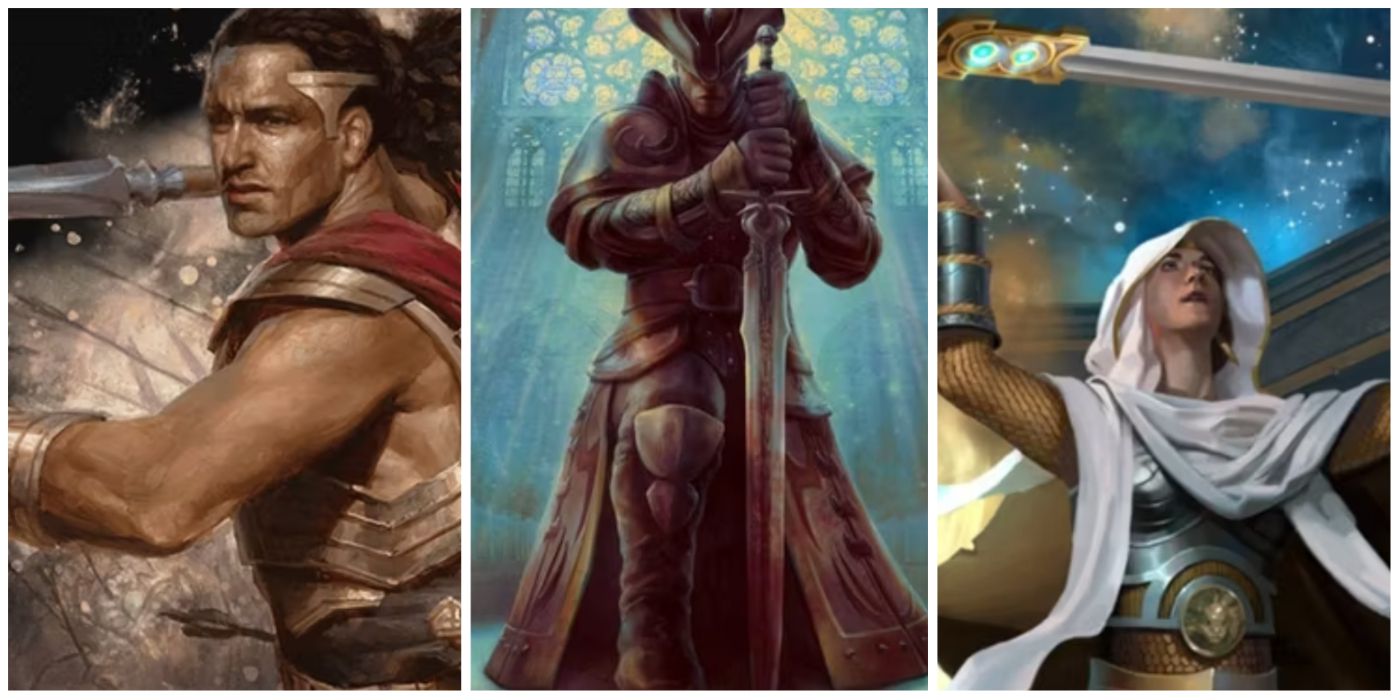 A split image of three dnd clerics/paladins preying or fighting