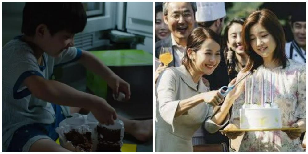 Split-image: Da-Song sits and eats his birthday cake on the floor, "Jessica" and Yeon-kyo light birthday cake candles in Parasite (2019).