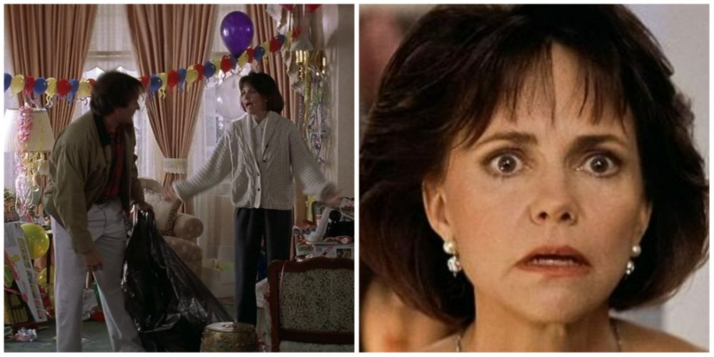 Split-image: Daniel and Miranda clean up the party and argue and Miranda looks shocked in Mrs. Doubtfire.