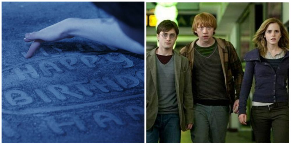 Split-image: Harry draws his birthday cake in Harry Potter and the Sorcerer's Stone and Harry, Ron, and Hermione on the run together in Harry Potter and the Deathly Hallows: Part 1.