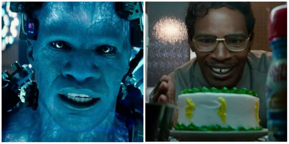 Split-image: Max Dillon as Electro and Max looks at his birthday cake in The Amazing Spider-Man 2.