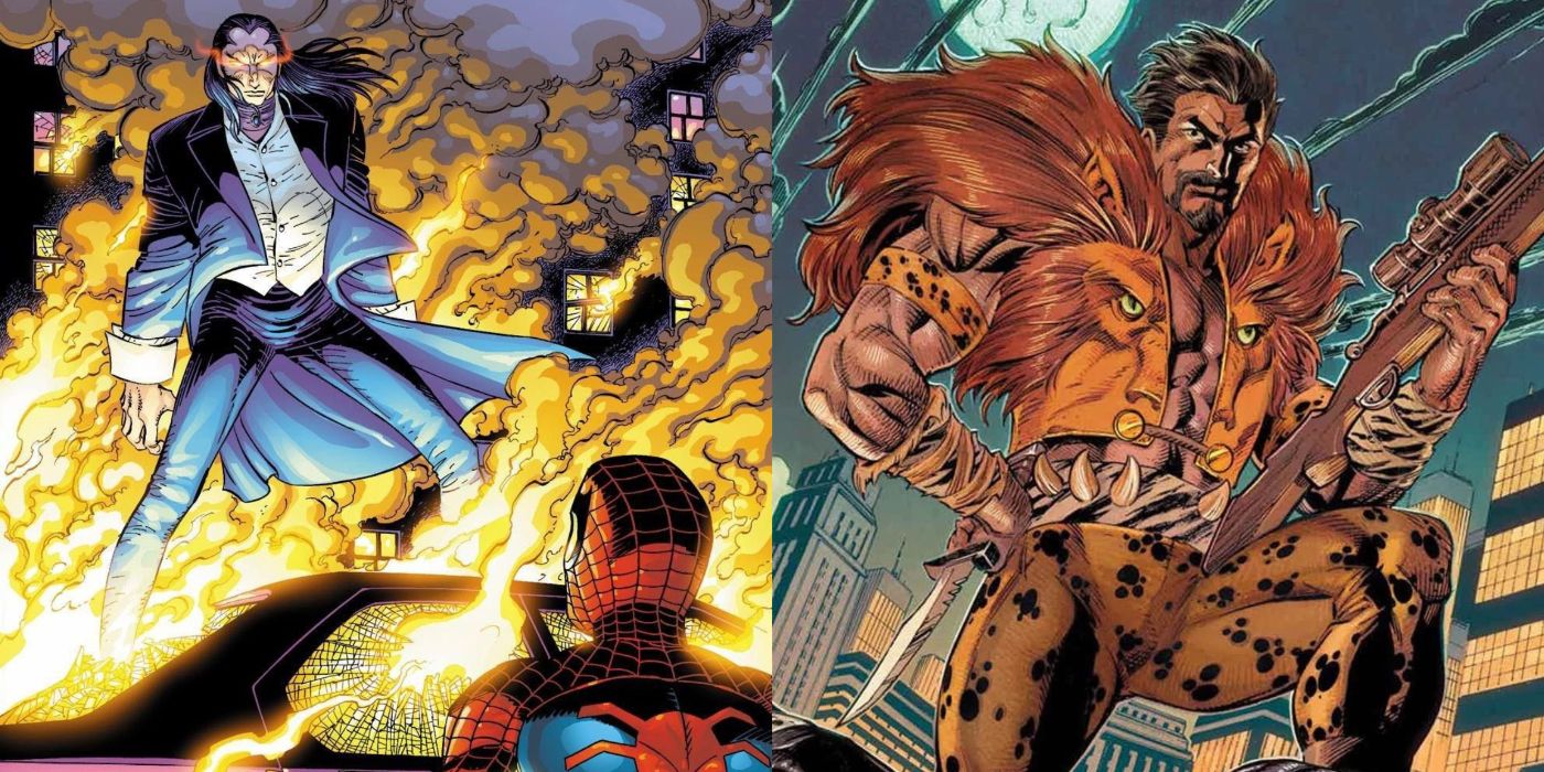 A split image of Spider-Man battling Morlun and of Kraven the Hunter