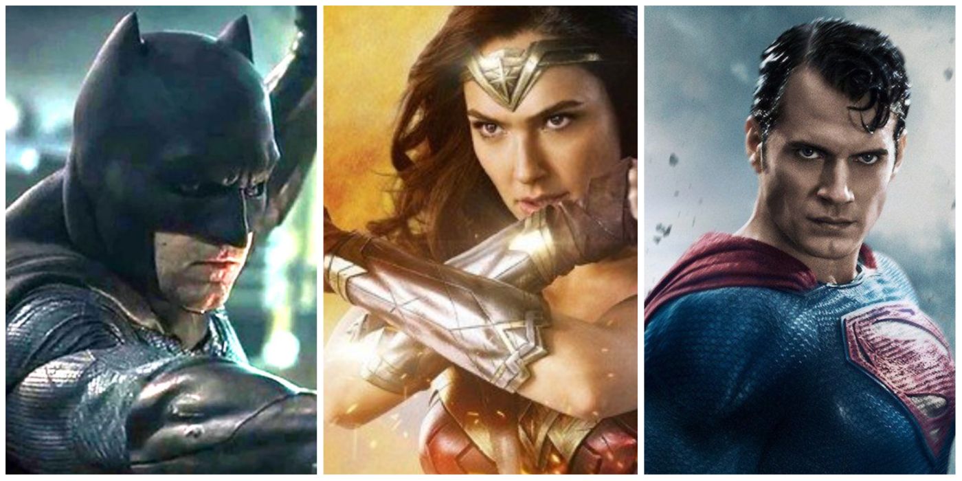 A split image of the live action Batman, Wonder Woman, and Superman
