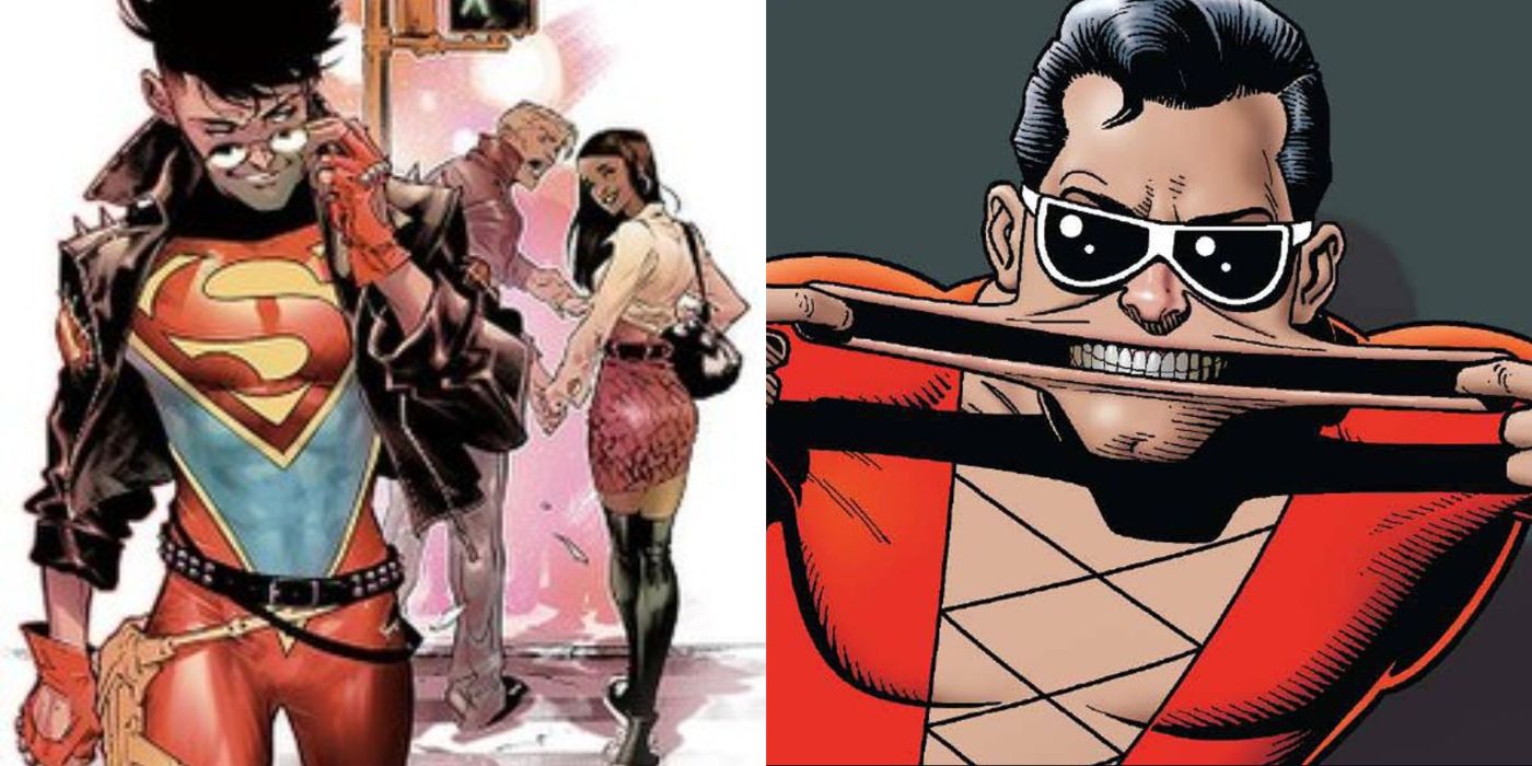 A split image of Conner Kent's Superboy and Plastic Man in DC Comics