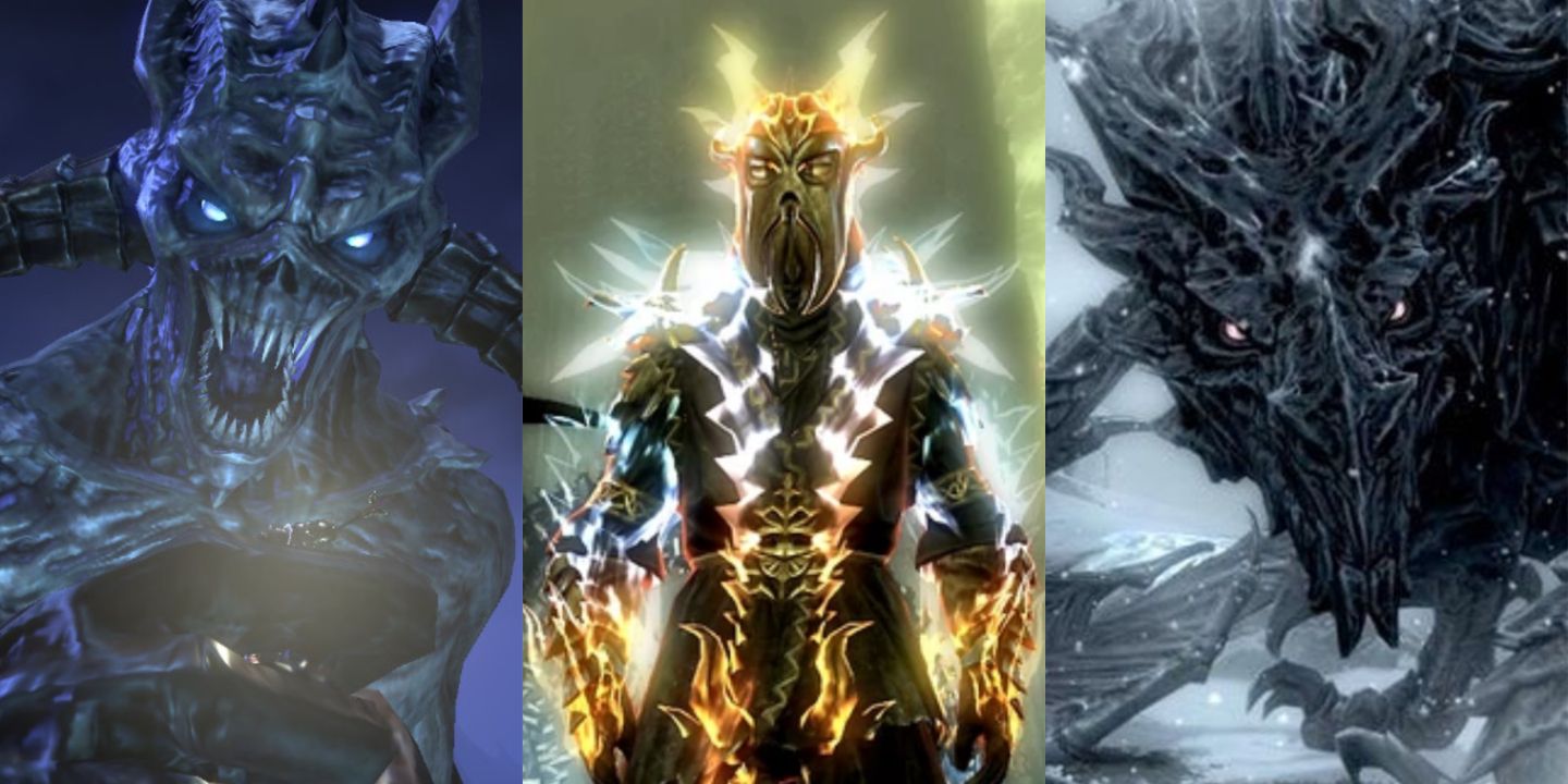 Molag Bal, Miraak, and Alduin, all primary antagonists in The Elder Scrolls franchise