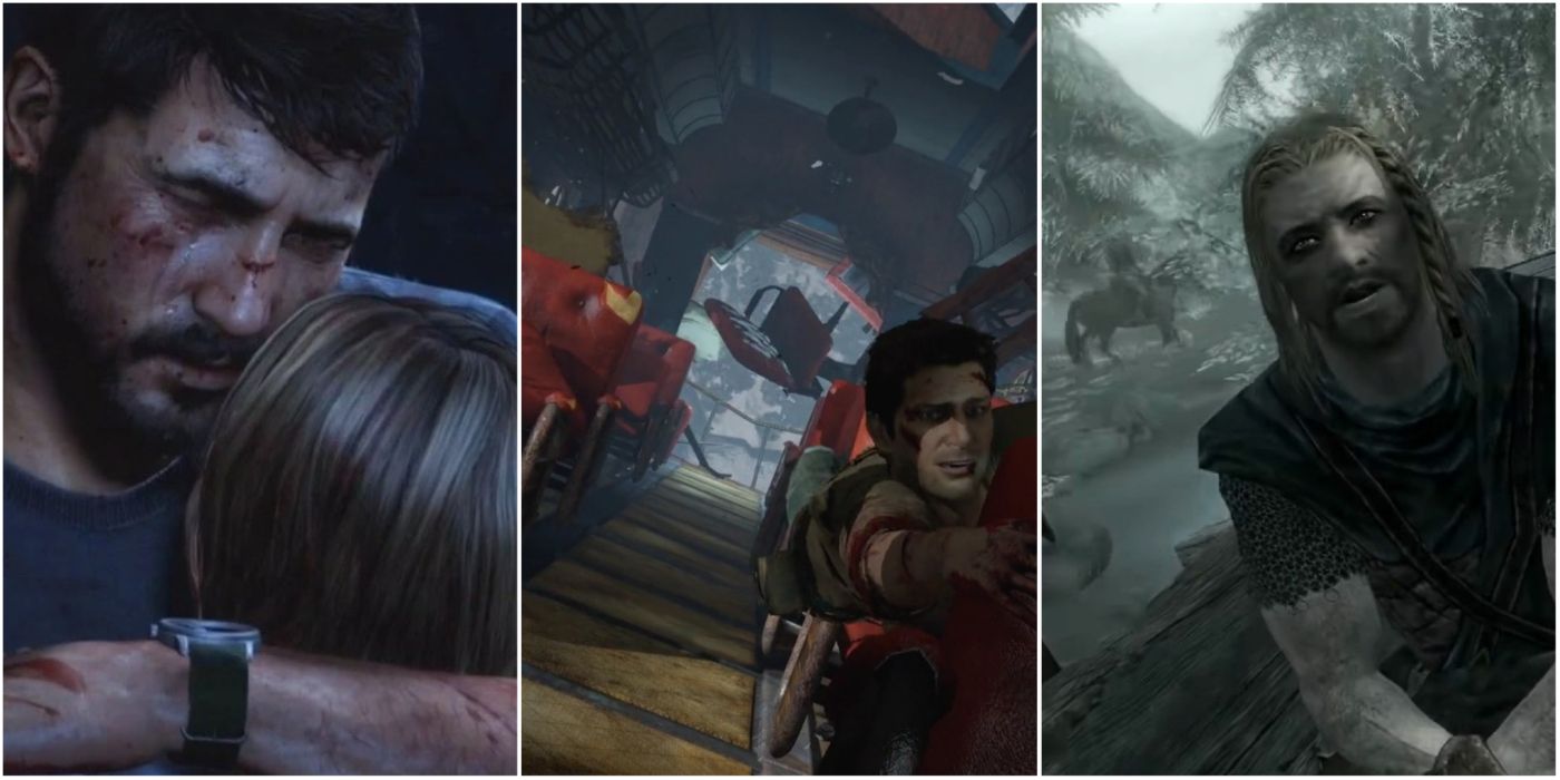 A collage of stills from the opening cutscenes of The Last of Us, Uncharted 2:Among Thieves, and The Elder Scrolls V:Skyrim