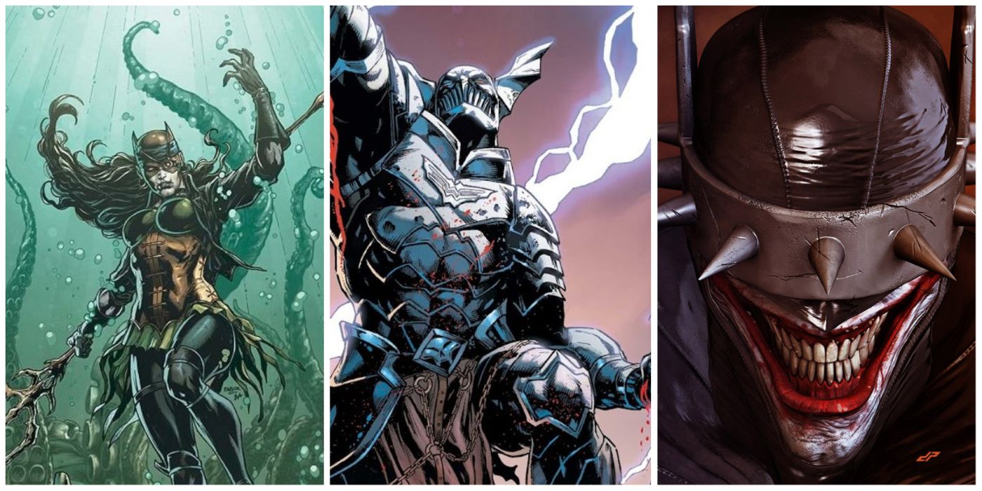 Collage of Evil Batmen - Close-up of Batman Who Laughs, close-up images of covers of Batman Drowned and Batman The Merciless