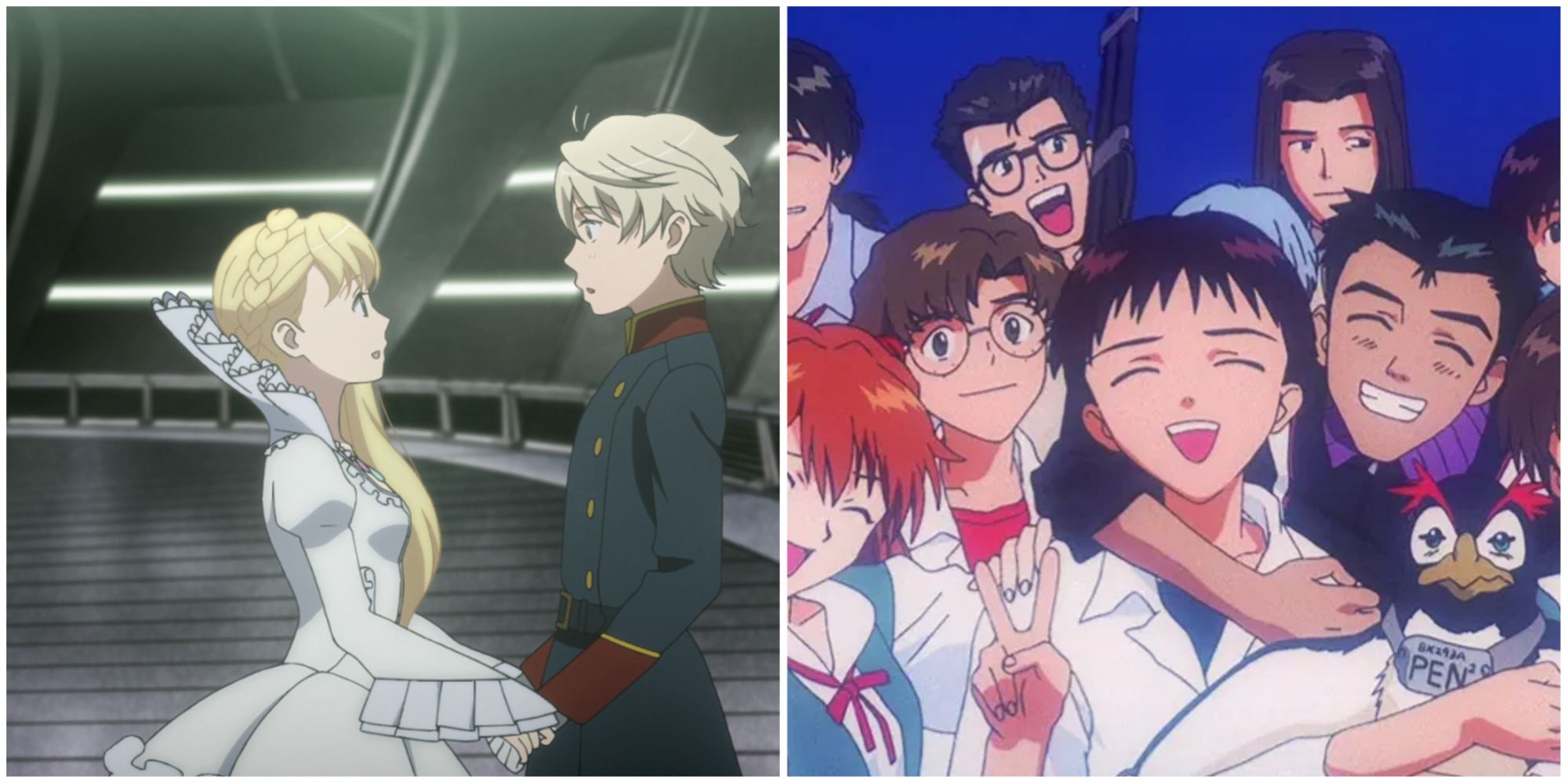 A split image featuring characters from Aldnoah Zero and Neon Genesis Evangelion