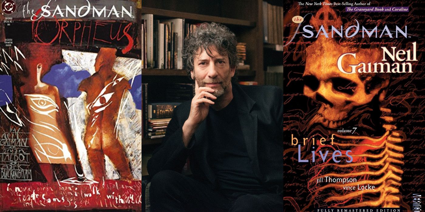 A split image featuring the cover for The Sandman Special: Orpheus, a picture of Neil Gaiman, and the cover for The Sandman: Brief Lives
