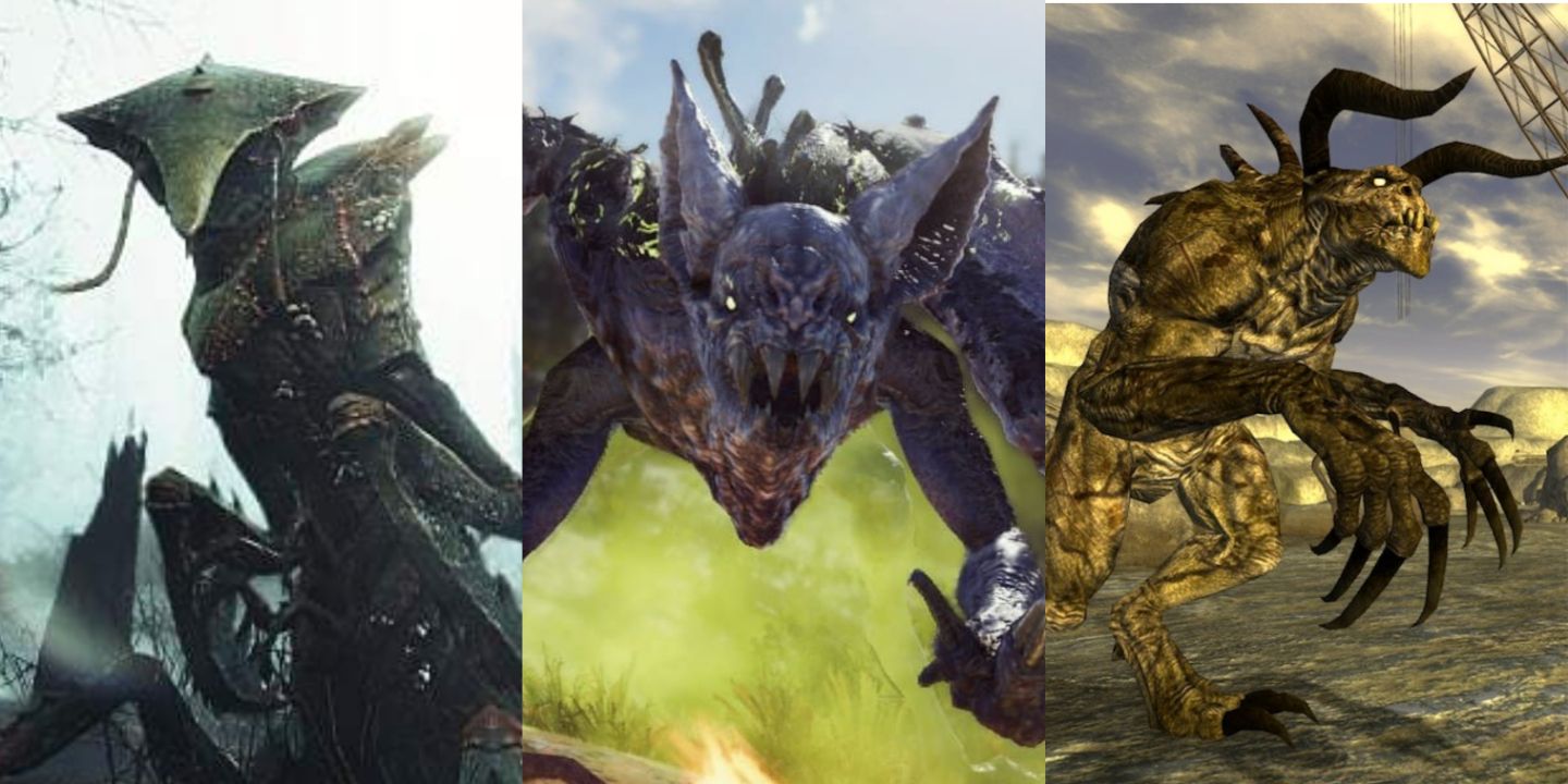 A split image of Shipbreaker, the Scorchbeast Queen, and a Deathclaw from the Fallout series