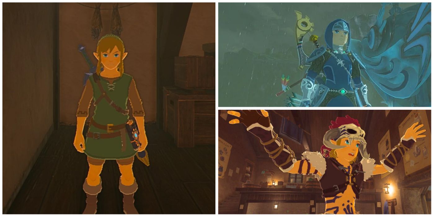 A split image of three armor sets from Legend of Zelda: Breath of the Wild, including the Zora set, Hero of the Wild set, and the Barbarian armor set