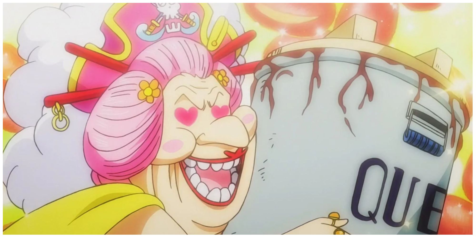 Big Mom grabs an empty red bean soup pot in One Piece.