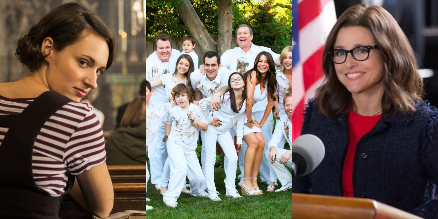 Split image of Fleabag, the cast of Modern Family, and Selina from Veep