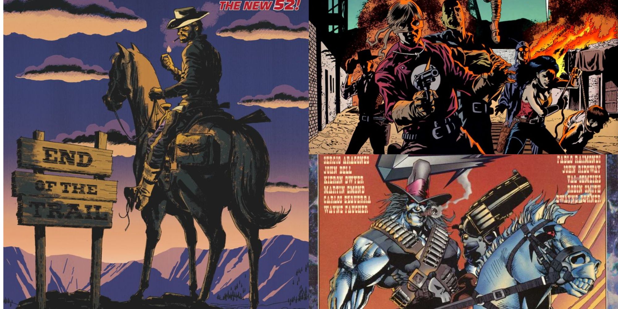 split image featuring comic art from New 52 Jonah Hex, the Justice Riders, and cowboy Lobo