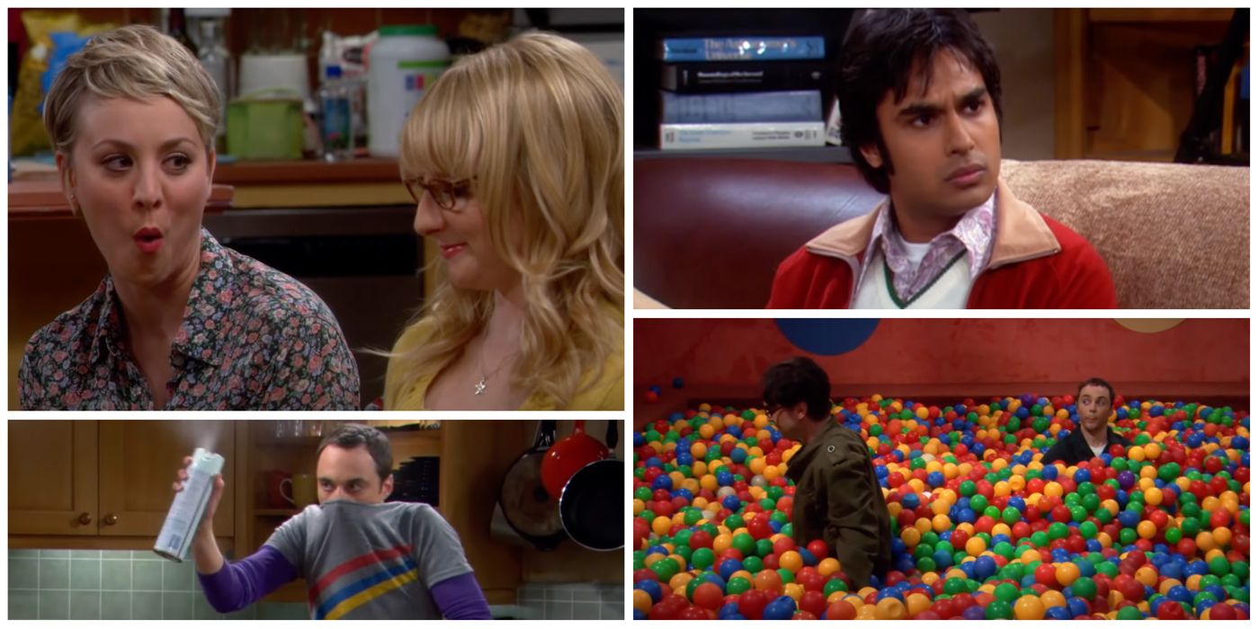 Penny & Bernadette, Raj, Sheldon sprayed, Leonard & Sheldon in a ball pit