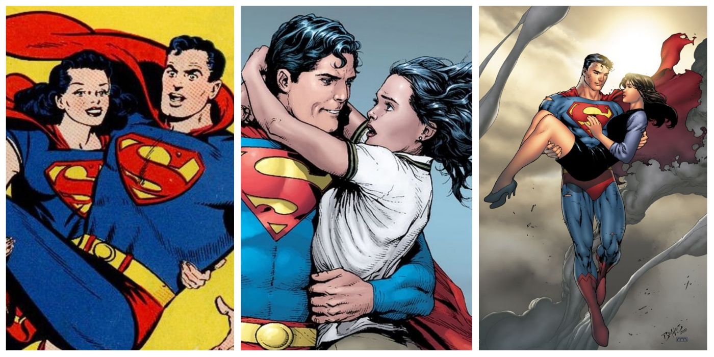 A split image of Lois sweeping Superman off his feet, and Superman carrying Lois, in DC Comics