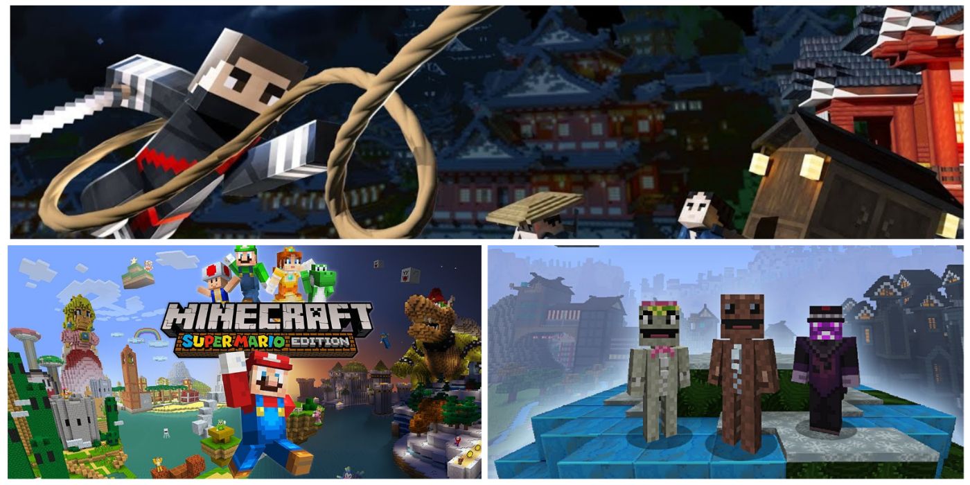A plit image of various Minecraft packs, including: Ninja, SuperMario, and LittleBigPlanet