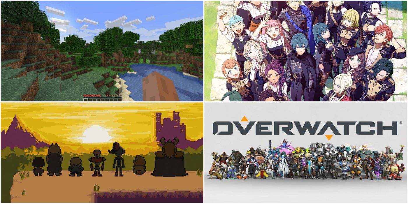 A collage of Minecraft, Fire Emblem: Three Houses, Undertale, and Overwatch