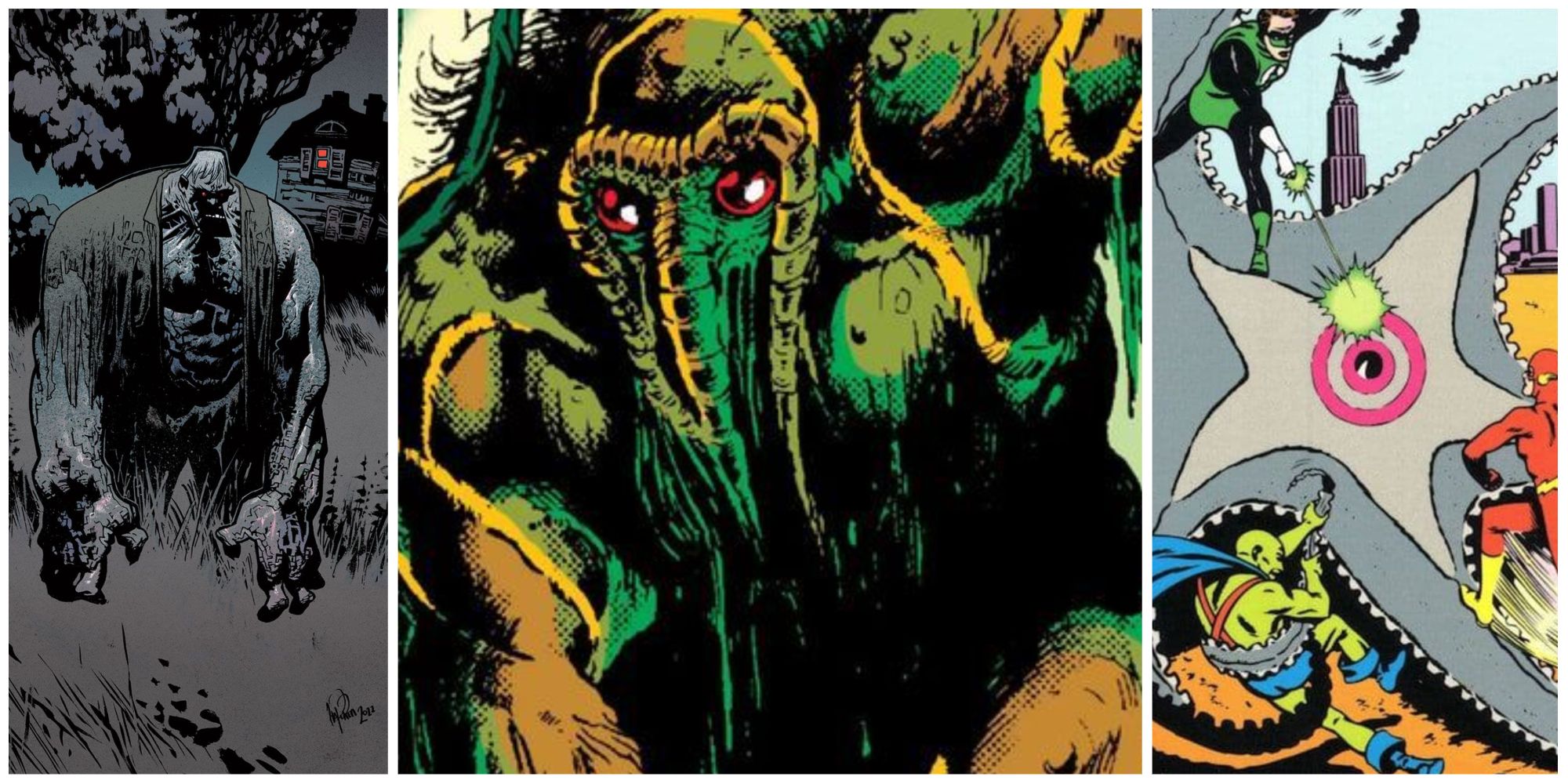 Comic Book Monsters. Split image of Man-Thing, Starro, and Solomon Grundy