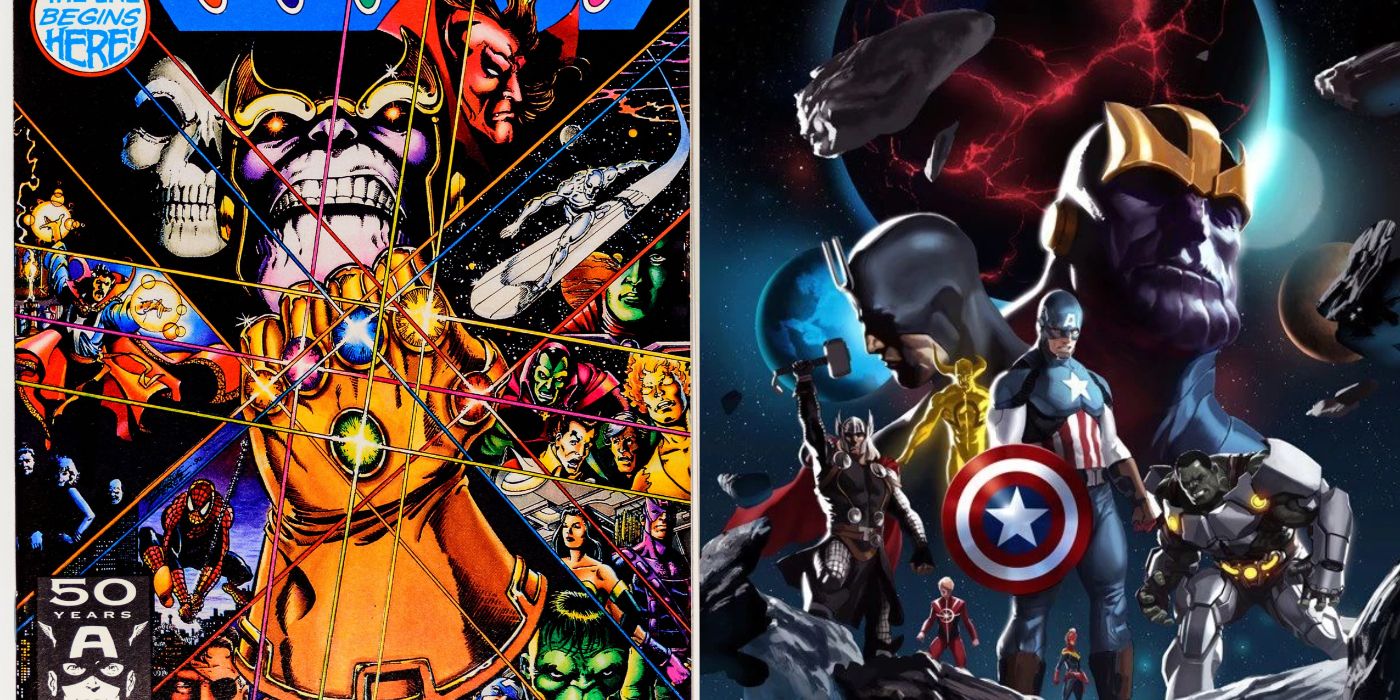 A split image of comic cover art from Infinity Gauntlet and Infinity