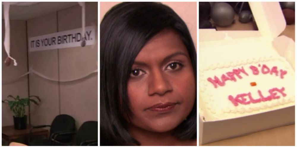 Split-image: gray and brown balloons on streamers with "It Is Your Birthday." banner, Kelly Kapoor, plain bday cake with chiclet - The Office