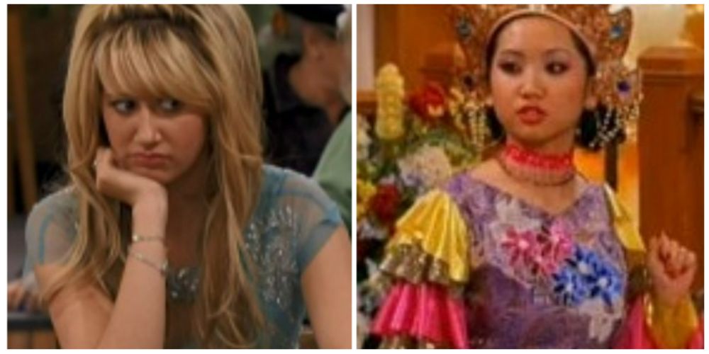 Split-image: Maddie rests head on hand, London in her birthday outfit - The Suite Life of Zack and Cody