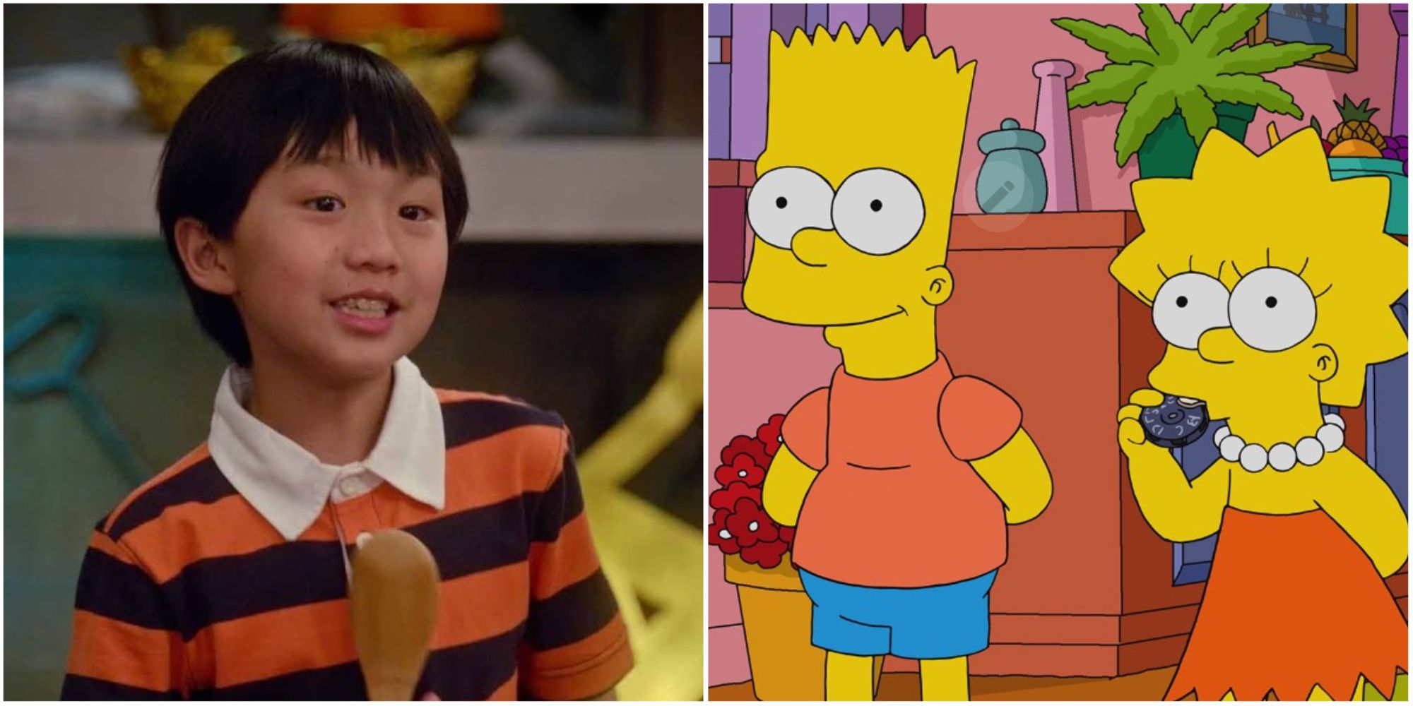 Split image of Evan Huang from Fresh Off The Boat and Lisa and Bart from The Simpsons