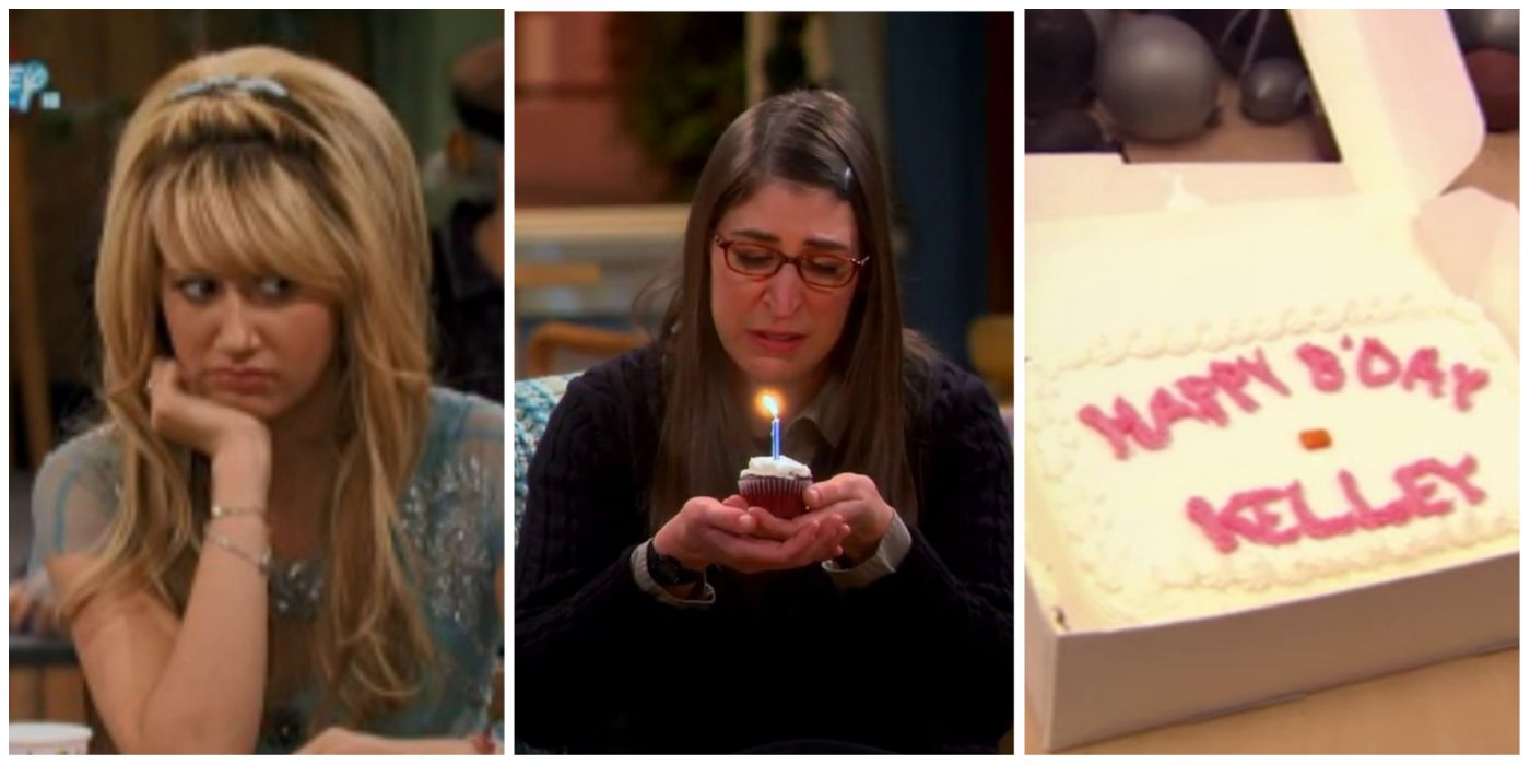 Split-image: Maddie Fitzpatrick (The Suite Life of Zack and Cody), Amy Farrah Fowler (The Big Bang Theory), Kelly Kapoor's cake (The Office)