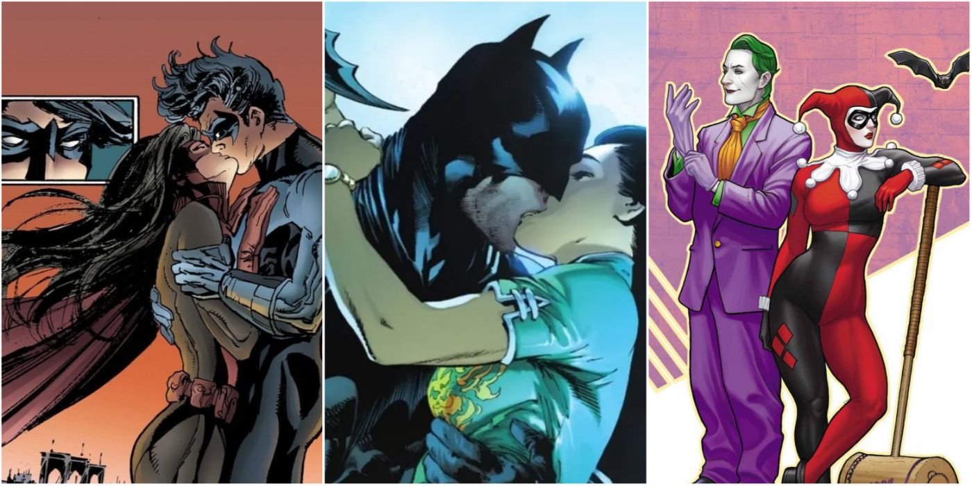 Three side by side images of worst DC comics couples: Dick Grayson and Helena Wayne, Talia al Ghul and Batman, and Harley Quinn and The Joker