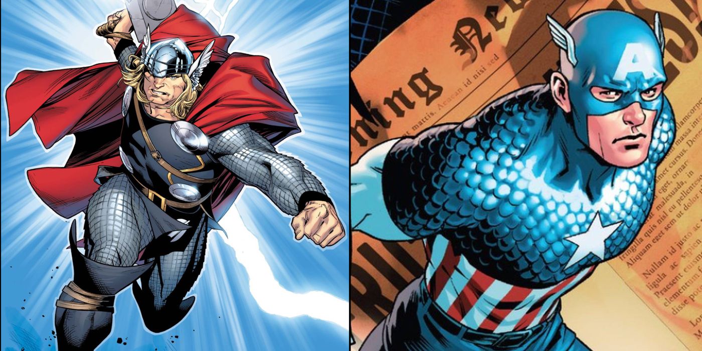 A split image of Thor about to strike with his hammer and Captain America posing in front of a document-themed background