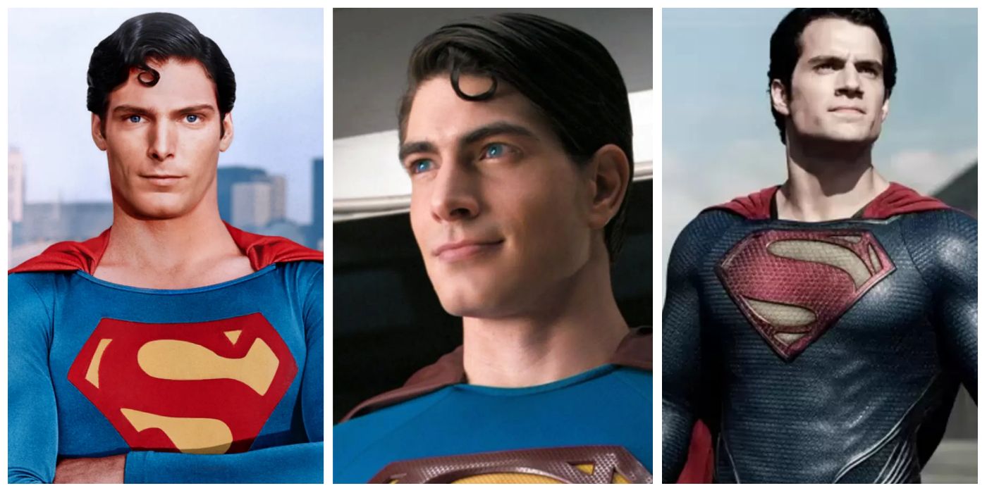 Side by side images of Christopher Reeve, Brandon Routh, and Henry Cavill as Superman