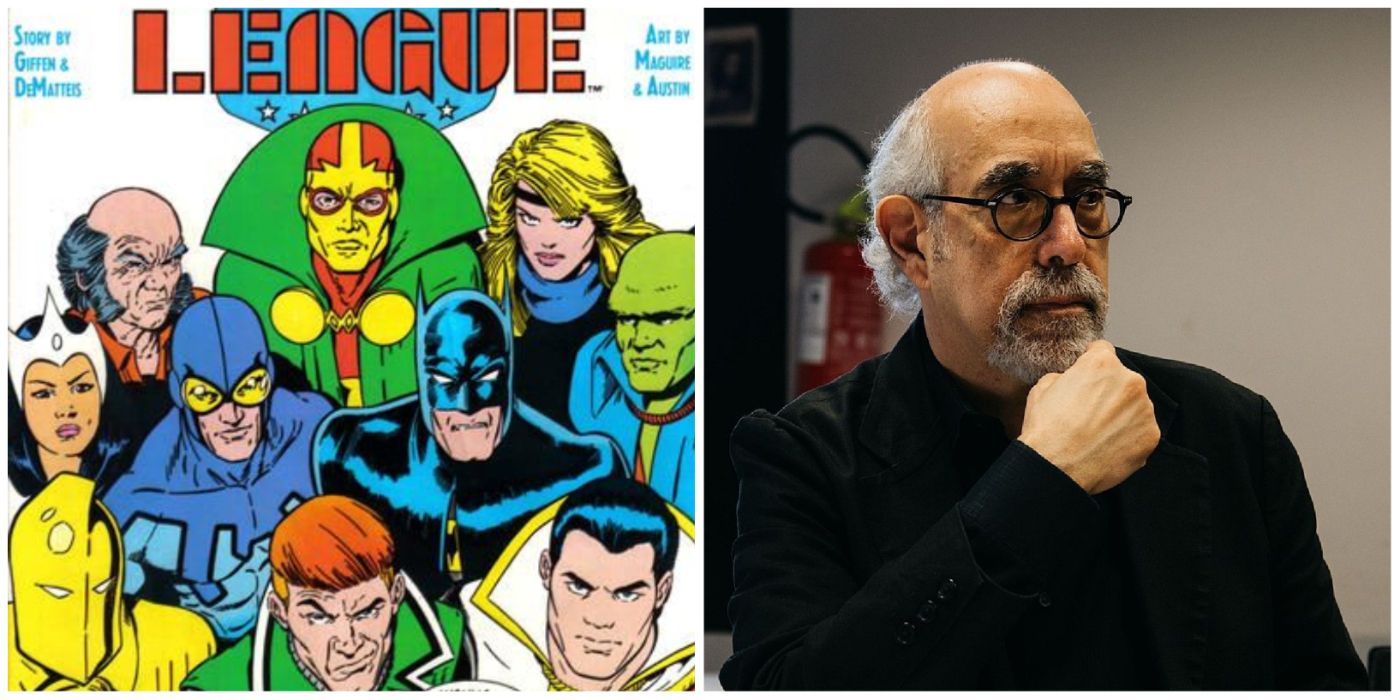 A split image of the Justice League International and J.M. Dematteis