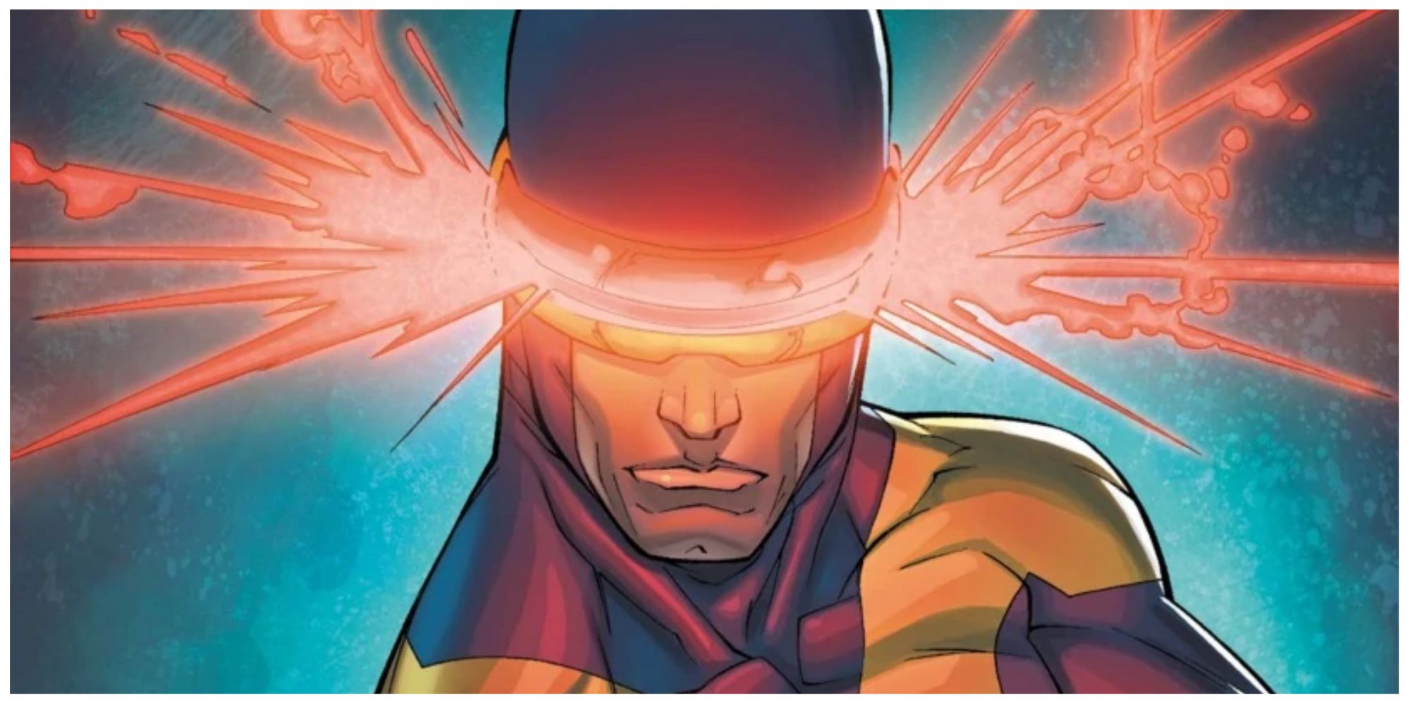 Comic art depicting Marvel Comics' Cyclops about to shoot lasers from his visor