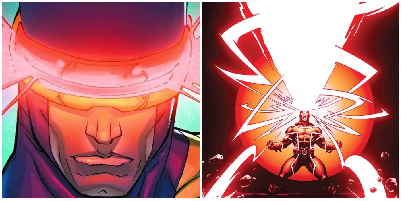 Split image depicting Cyclops' visor glowing, and Cyclops firing his optic blast.