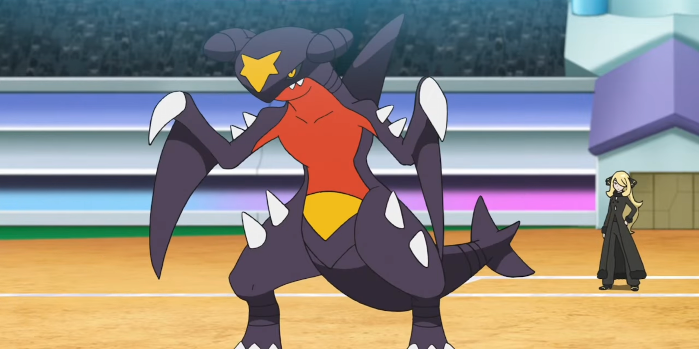 Cynthia e Garchomp no Masters Eight Tournament da World Coronation Series em Pokémon Journeys