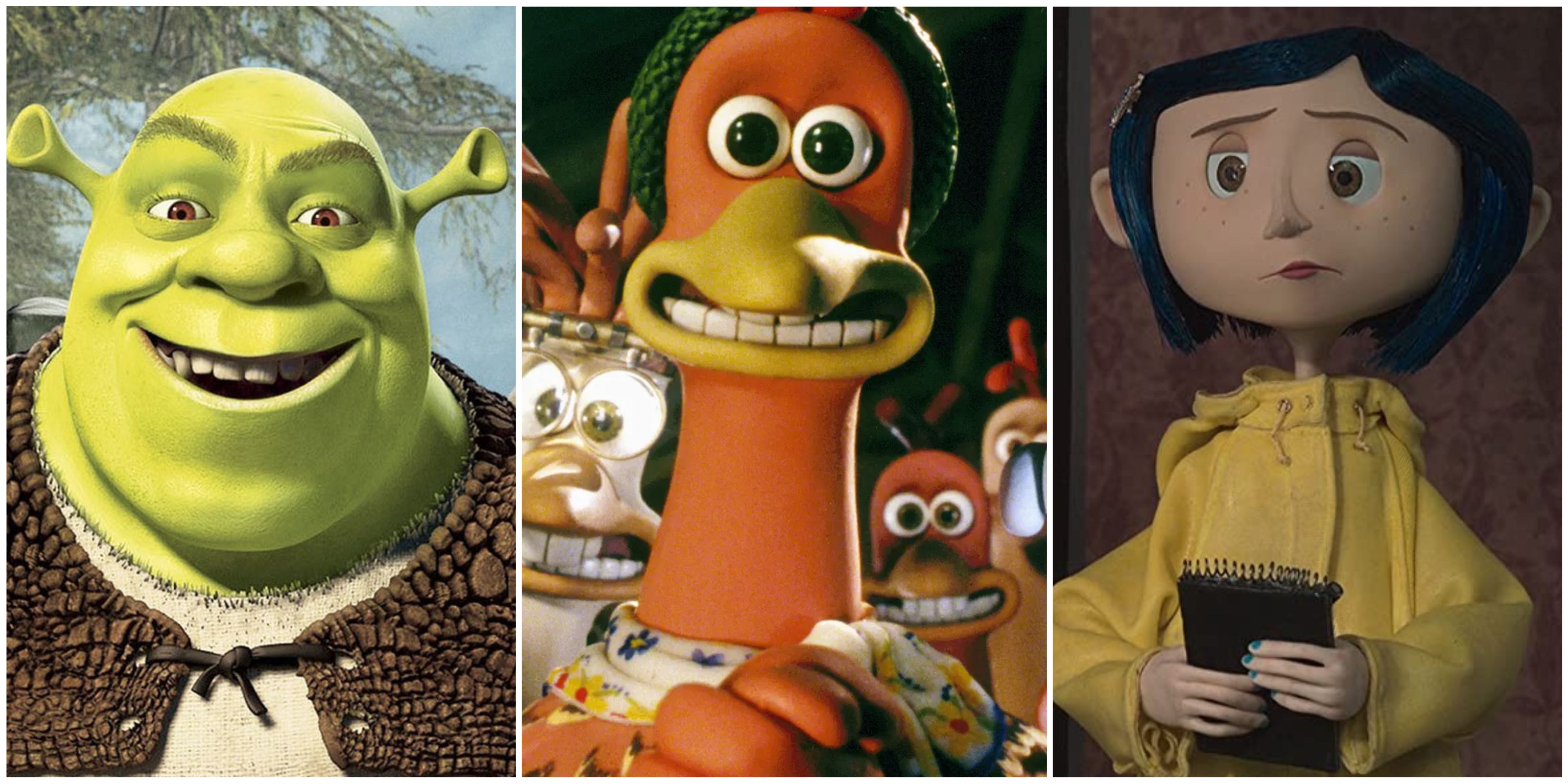 Shrek from Shrek, Ginger from Chicken Run, and Coraline from Coraline