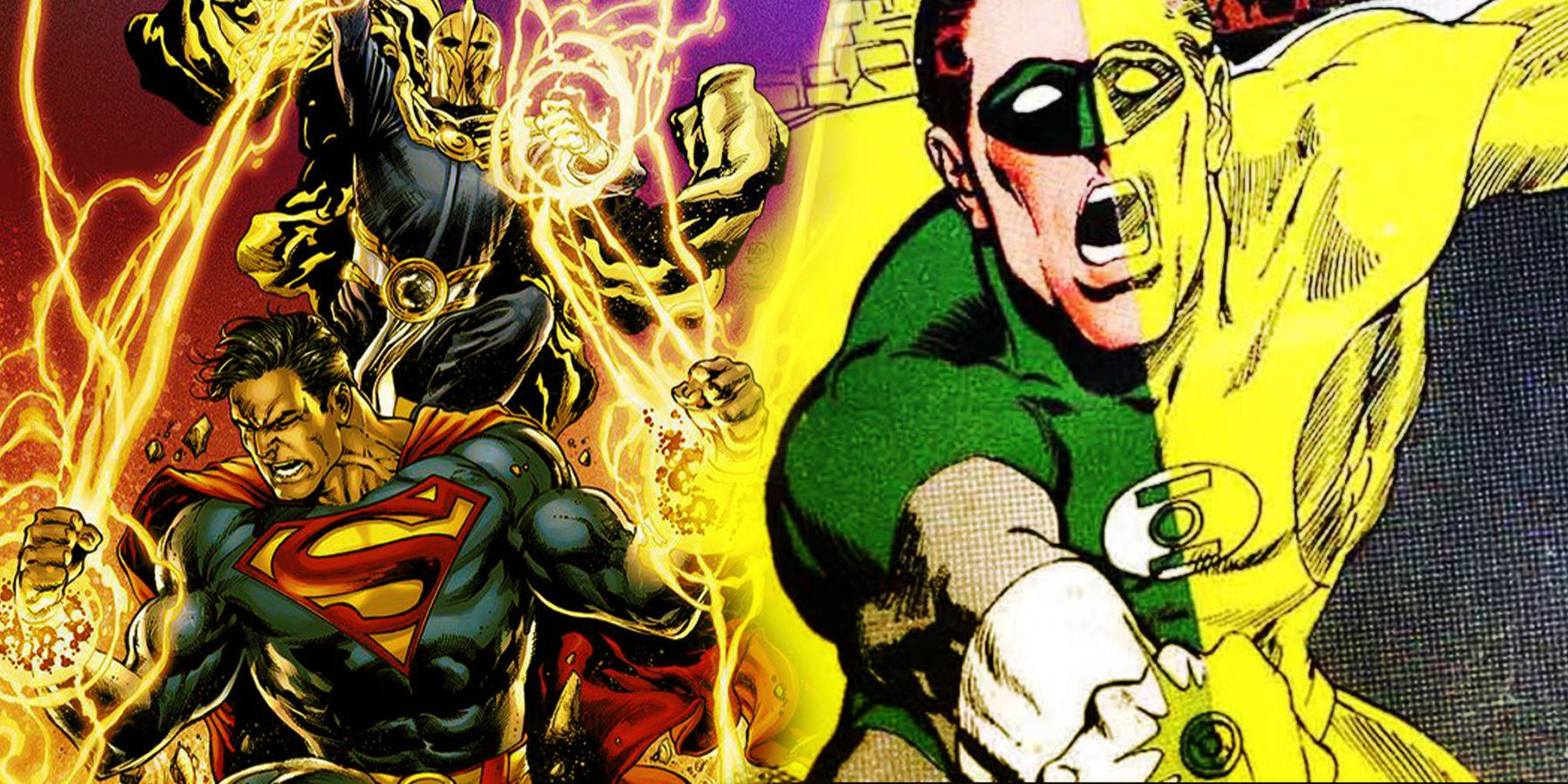 A split image of Superman, Doctor Fate and Green Lantern