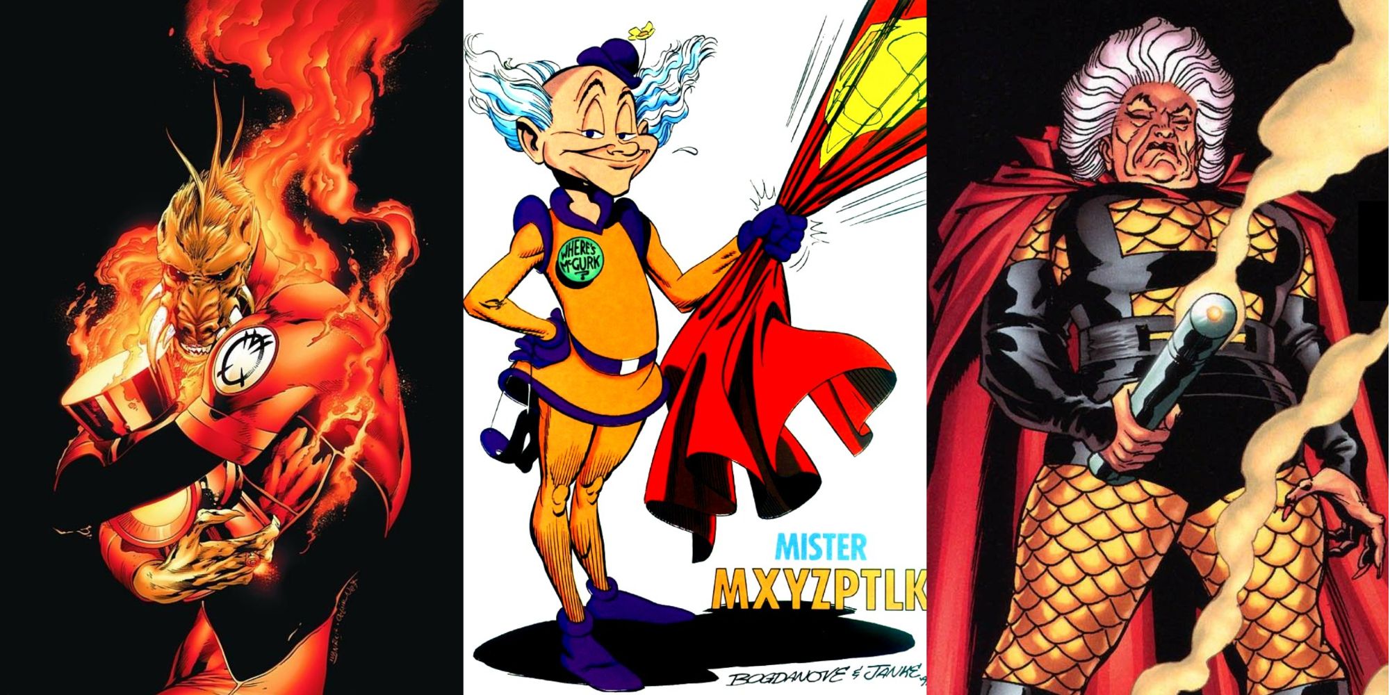 A split image of weird DC villains, including Larfleeze, Mxyzptlk, and Granny Goodness