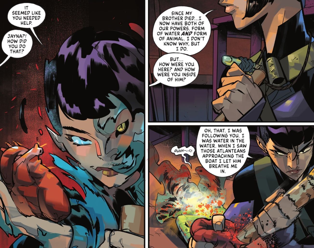 Wonder Twin Jayna reveals that she can now become water versions of animals in DC vs. Vampires #8. in 