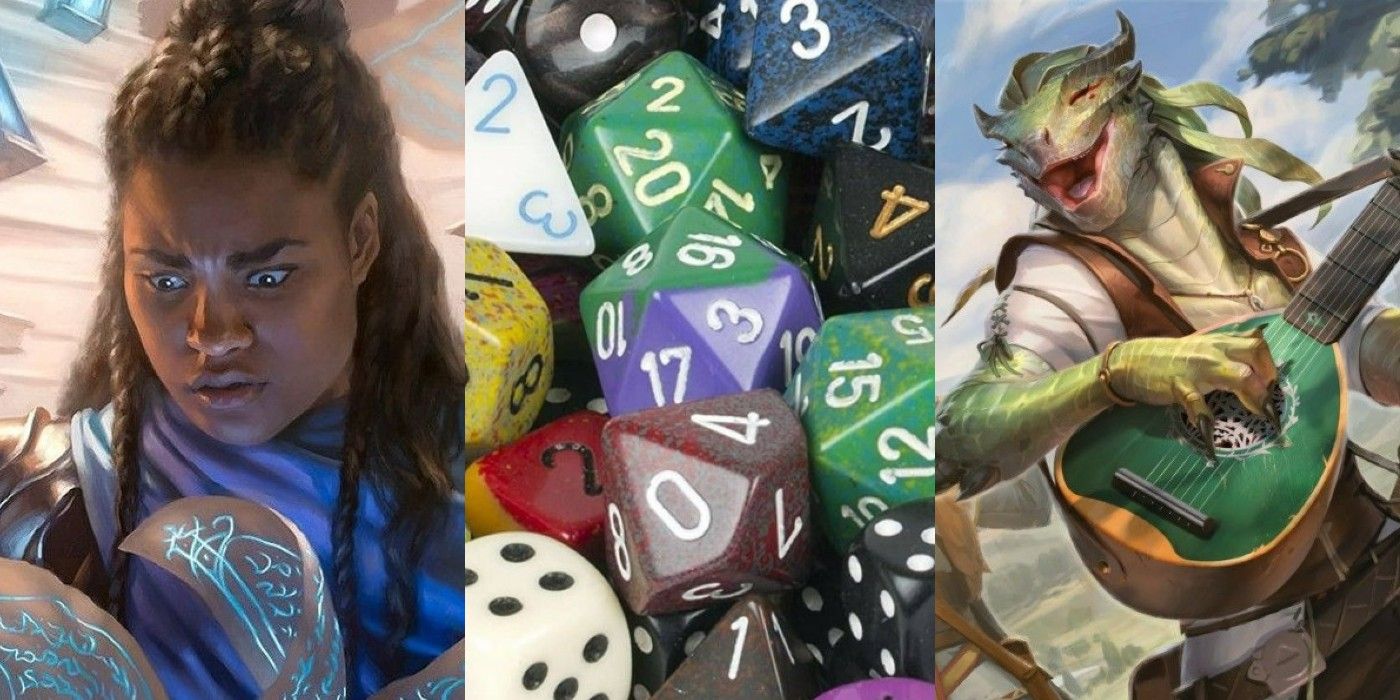 A split image of a D&D character researching, an assortment of dice, and a bard playing an instrument