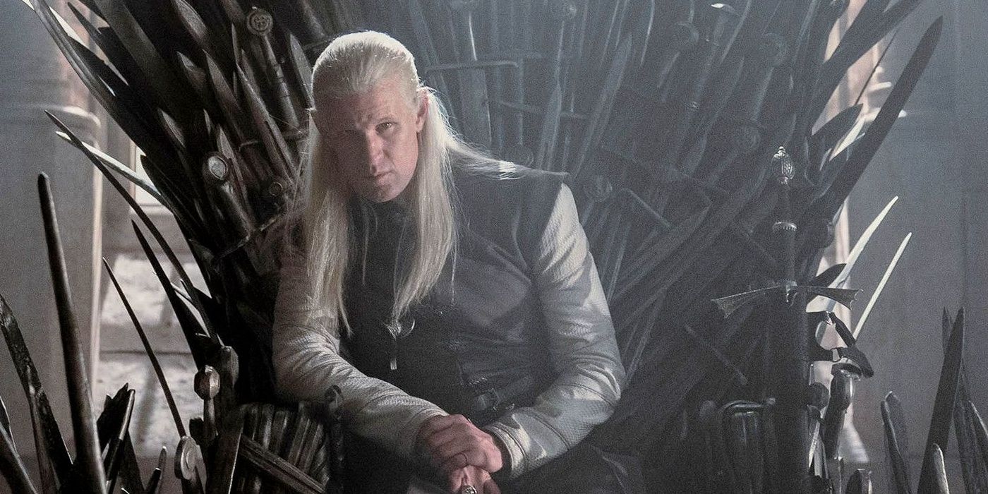 Daemon Targaryen sitting on the Iron Throne on House of the Dragon