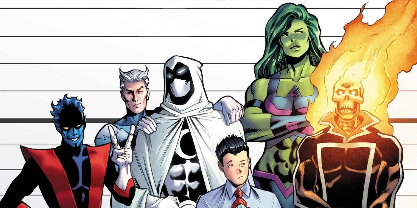 nightwing, quicksilver, moon knight, she-hulk and ghost rider next to gus in damage control 