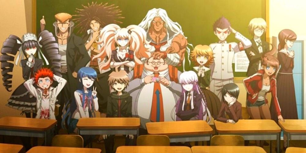 The students of Hope's Peak Academy in Danganronpa posing together in a classroom for a picture