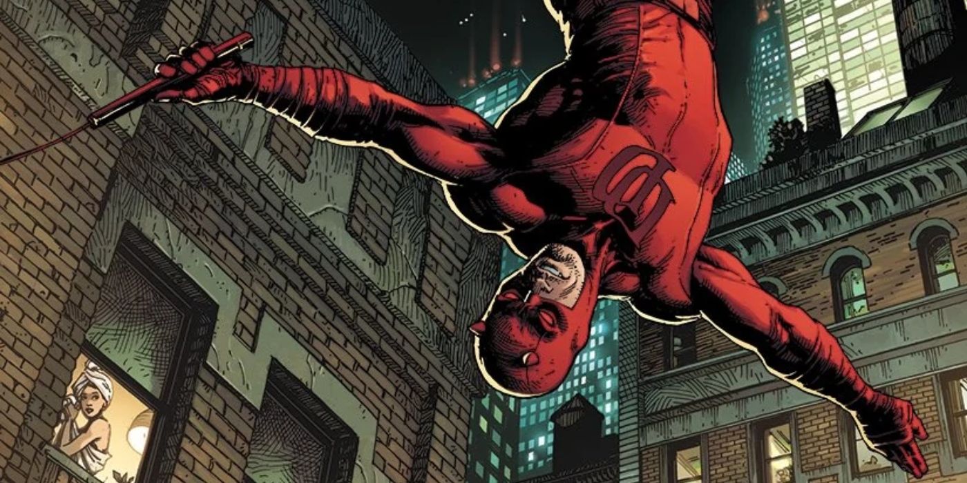 An image of Daredevil flipping upside down as he leaps from a building
