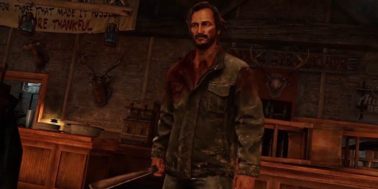 Um David ensanguentado segurando um facão em The Last of Us