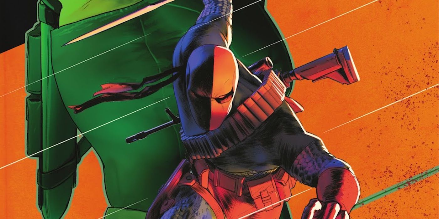 DC Comics Deathstroke rushing forward with a sword in hand.