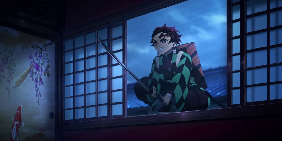Tanjiro arrives through the window with his sword drawn in Demon Slayer.