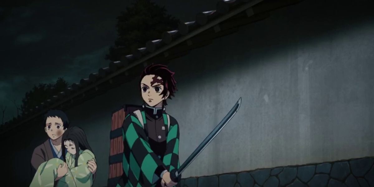 Tanjiro protecting a man carrying a lady in Demon Slayer.