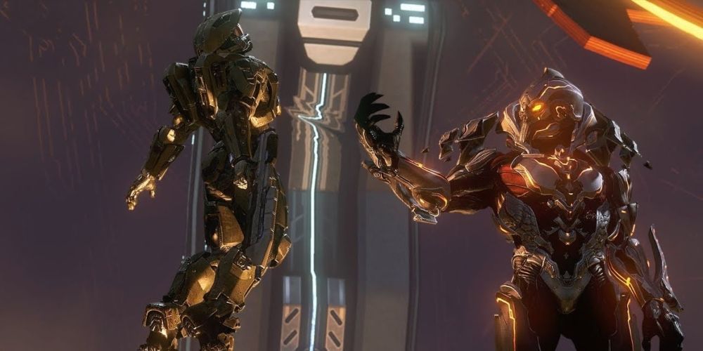 The Didact holding Master Chief in the air in Halo 4.